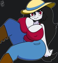 adventure_time black_hair fangs grey_skin huge_breasts long_hair marceline nipples_visible_through_clothing nokdeusneony red_eyes sun_hat thick_thighs