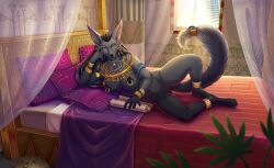 anthro anubian_jackal bed bedroom black_body black_hair black_nipples black_pussy bracelet canid canine canis canopy_bed detailed_background digitigrade ear_piercing egyptian eyeshadow female furniture gold_(metal) green_eyes harmaagriffin hi_res inviting jackal jackal_ears jewelry lounging lying makeup mammal navel necklace nipple_piercing nipples on_side paws piercing plump_labia presenting solo spread_legs spreading sunny tail thighs