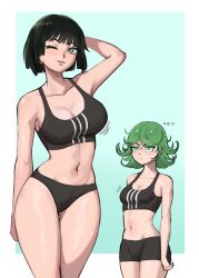 2girls breast_envy breasts female female_only fubuki_(one-punch_man) green_eyes green_hair medium_support_(meme) meme meme_attire multiple_girls one-punch_man one_eye_closed sagaandersart tagme tatsumaki