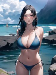 1girls ai_generated ai_mirror arms_behind_back belly_button big_breasts black_hair blue_bikini blue_eyes blush buoy cloud long_hair looking_at_viewer medium_thighs mountain rock seaside seductive sticking_out_tongue tongue water wave wet wet_body white_skin