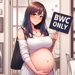 1girls ai_generated bag brown_hair holding_object holding_stomach necklace pregnant raceplay sign smile tagme