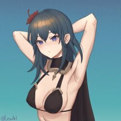 1girls alternate_costume armpits bikini black_bikini black_swimsuit blue_eyes breasts byleth_(female)_(summer)_(fire_emblem) byleth_(fire_emblem) byleth_(fire_emblem)_(female) cape cleavage expressionless female female_only fire_emblem fire_emblem:_three_houses fire_emblem_heroes flower hair_flower lesu medium_breasts medium_hair nintendo official_alternate_costume red_flower sideboob solo swimsuit teal_eyes