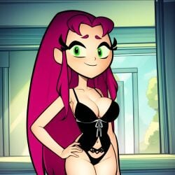 1girls ai_generated alien alien_girl alien_humanoid big_breasts bracelet breasts cartoon_network cats62 dc dc_comics female green_eyes happy koriand'r leotard long_hair long_hair_female looking_away pink_hair smile smiling solo solo_female solo_focus starfire teen_titans teen_titans_go thick_thighs thighs