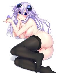 adult_neptune ass blush breasts condom d-pad_hair_ornament gabriel_evangel long_hair looking_at_viewer looking_back lying_on_side neptunia_(series) nipples nude open_mouth purple_eyes purple_hair pussy simple_background solo stockings uncensored