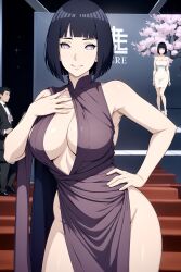 1girls ai_generated black_hair boruto:_naruto_next_generations busty curvy dress female hi_res highres hyuuga_hinata milf naruto pixai purple_dress red_carpet short_hair sleeveless smile stage stairs white_eyes