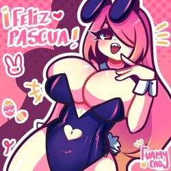 big_breasts bunny_ears bunnysuit easter fuamyero heart-shaped_pupils oc original_character pink_hair shark_teeth spanish_text tagme