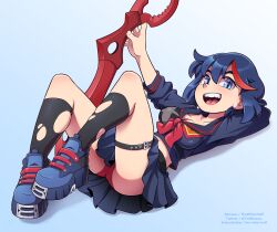 1girls black_hair blue_eyes breasts cleavage female female_only human kill_la_kill looking_at_viewer matoi_ryuuko open_mouth panties scissor_blade senketsu shoes skirt solo solo_female the_other_half upskirt