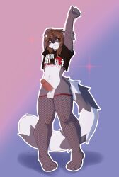 absurd_res american_idiot_(album) anthro brown_eyes brown_hair clothing crop_top fishnet fishnet_clothing fishnet_thigh_highs fishnet_topwear fur genitals girly green_day grey_body grey_fur hair hi_res himacat male mammal penis procyonid pyrocyonidae raccoon rald_(hyperacc21) shirt smile smirk solo stretching topwear white_body white_fur