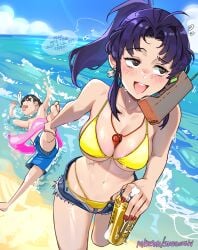 1boy 1girls beach beer bikini blush breasts cleavage dragging drink drowning drowning_in_background drunk dying earrings female hi_res humor misato_katsuragi nail_polish necklace neon_genesis_evangelion phone ponytail purple_hair red_nails seaside shinji_ikari shorts snegovski speech_bubble sweat swimsuit text trunk