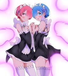 2girls big_breasts blue_eyes blue_hair faceless_male maid maid_dress maid_uniform medium_breasts multiple_boys multiple_penises pink_eyes pink_hair ram_(re:zero) re:zero_kara_hajimeru_isekai_seikatsu rem_(re:zero) short_hair tatigami twins