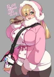 adorable bag_charm big_breasts blonde_hair chubby_female coat cute eyebrows_visible_through_hair fully_clothed fur_trim gloves hat huge_breasts looking_at_viewer mittens mouth_open multicolored_hair original pink_hair_streak plump ryo_agawa shorts shoulder_bag smiling solo solo_female thick_thighs winter_clothes yellow_eyes
