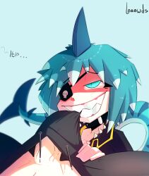 big_penis biting_clothes blue_eyes blue_hair chomp chomp_(leeewds) clothed clothing cosplay costume eyepatch imminent_fellatio imminent_oral leeewds mischievous_smile monster_girl necklace original_character pants_pull pirate removing_clothing shark shark_girl shark_tail shark_teeth sharp_teeth smile smiling text