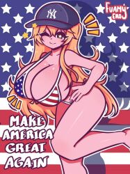 american american_flag american_flag_bikini big_ass big_breasts fuamyero iowa_(kantai_collection) kantai_collection make_america_great_again smile tagme yankee yellow_hair