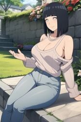 1girls ai_generated boruto:_naruto_next_generations busty curvy female flower flower_garden flowers garden grass hi_res highres house hyuuga_hinata jeans looking_at_viewer milf naruto nature outside pixai pov pov_eye_contact purple_shirt shadow sitting skinny_jeans suggestive