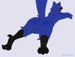 1boy 2022 anthro anus ass avian avian_feet backsack balls beak bird black_beak blue_body blush bootyfeather eyewear genitals glasses hi_res looking_back lying male male_only on_front on_stomach original original_character owl presenting presenting_hindquarters raised_tail rear_view solo tail yellow_eyes