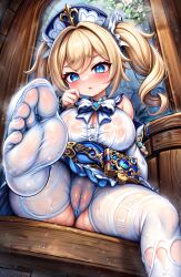 1girls 5_toes ai_generated barbara_(genshin_impact) bed bedroom big_breasts blonde_hair blue_eyes breasts clothed feet feet_up female female_focus female_only foopanthia foot_fetish foot_focus from_below genshin_impact legwear looking_at_viewer looking_down open_mouth pov self_upload sitting smile sole_female soles soles_of_feet_in_socks solo stepped_on stockings thick_thighs thighs toes torn_legwear wet white_legwear