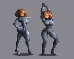 1girls 2d_(artwork) ass breasts brown_hair dark-skinned_female halo_(series) hips huge_ass large_ass large_breasts simple_background spartan_(halo) spartandoodles thick_ass thick_thighs thighs wide_hips