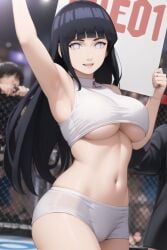 1girls ai_generated bikini black_hair busty curvy female hi_res highres hyuuga_hinata naruto naruto_shippuden pixai ring_girl short_hair sign smile ufc underboob waving white_eyes