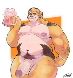 anthro belly big_nipples big_penis felid fur genitals grin hi_res holding_beer lion male mammal moobs musclegut nipples one_eye_closed overweight overweight_anthro overweight_male pantherine penis portrait smile solo striped_body striped_fur striped_mane stripes thejosehp202 thick_thighs three-quarter_portrait wink yellow_body yellow_fur