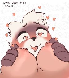 <3_eyes absurd_res anthro bodily_fluids breast_grab breast_squeeze breast_squish breasts female gulonine hand_on_breast heart hi_res kinktober mammal marten mustelid musteline page_3 pilot_(riotbackup) pine_marten riotbackup saliva saliva_string solo squish text