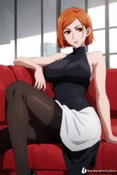 1girls 2023 ai_generated big_breasts jujutsu_kaisen kugisaki_nobara looking_at_viewer minusleto nipples_visible_through_clothing short_hair stable_diffusion stockings