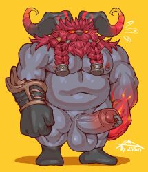 anthro balls bovid caprine genitals grey_body hi_res horn league_of_legends male male_only mammal muscular muscular_male nipple_piercing nipple_ring nipples ornn penis piercing ring_piercing solo zi_ran