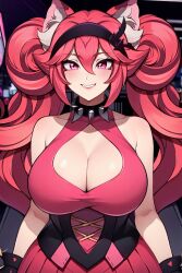 ai_generated animal_ears big_breasts cleavage collar corset headband hot_pink_hair hourglass_figure light-skinned_female lunaria_ayaren shiny_skin smile solo_female twintails virtual_youtuber youtube_hispanic