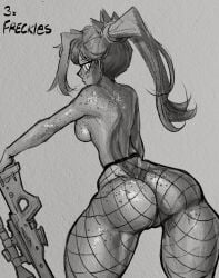 1girls 2023 2d ass back back_view backboob breasts closed_mouth female female_only fishnet_legwear fishnets fortnite freckles freckles_on_arms freckles_on_ass freckles_on_back freckles_on_breasts freckles_on_face freckles_on_shoulders freckles_on_thighs grey_background greyscale gun helsie_(fortnite) hi_res large_ass leaning lewdtober looking_back lord_moku pussy rear_view small_waist sniper sniper_rifle solo solo_female standing thick_thighs thighs viewed_from_behind weapon wide_hips