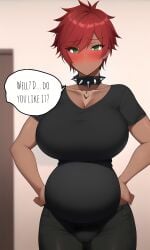 1futa ai_generated alternate_color bulge bulge_through_clothing color_swap dark_skin fully_clothed futa_only futanari green_eyes large_breasts morgan_(xdk141) novelai pregnant pregnant_futa red_hair spiked_collar xdk141