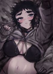 1girls black_bra black_hair bra demon_slayer hoodie kaigaku kimetsu_no_yaiba large_breasts laying_down rule_63 solo_female thick_eyebrows