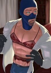 1boy 1male alcornoz balaclava blue_eyes bra complex_background feminization lace-trimmed_bra lingerie lingerie_bra lingerie_under_clothes no_visible_genitalia perspective skimpy_clothes solo_male spy_(team_fortress_2) suggestive team_fortress_2