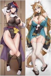 2girls big_breasts bodypillow busty cleavage female female_focus female_only genderswap_(mtf) genshin_impact gorou_(genshin_impact) hourglass_figure kujou_sara large_breasts leotard ms_hina_(genshin_impact) multiple_girls rule_63 see-through_clothing shikube thick_thighs thighhighs thighs tight_clothing voluptuous voluptuous_female