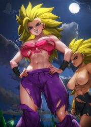 2girls abs after_battle anus biceps big_breasts black_hair breasts cameltoe caulifla clothing dragon_ball dragon_ball_super ear_piercing earrings elitenappa female female_only female_saiyan hands_on_hips kale looking_at_another looking_at_viewer muscle_girl nipple_slip nipples no_bra no_panties piercing pubic_hair saiyan smile smug super_saiyan super_saiyan_3 thick_thighs topless torn_clothes wide_hips