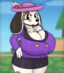 1girls 2023 absurd_res animal_crossing anthro big_breasts black_body black_fur breasts canid canine cleavage clothed clothing dalmatian detailed_background domestic_dog eyelashes female female_only hand_on_hip hat headwear hi_res huge_breasts long_ears looking_at_viewer mini_skirt miso_souperstar nintendo outdoors portia_(animal_crossing) posing solo standing tail thick_thighs two_tone_body two_tone_fur white_body white_fur