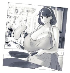 1girls 2023 absurd_res apron baking big_breasts breasts cleavage cooking curvy_female earrings erkazooya greyscale huge_breasts kitchen original pancake rina_atherina_(errorkazoo) short_hair top_heavy