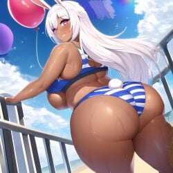 1girls ai_generated ass ass_focus balloon beach big_ass big_butt bikini_bottom bikini_lift bikini_top breasts bunny_girl bunny_tail dark-skinned_female dark_skin huge_ass long_hair miruko my_hero_academia novelai pink_eyes pov rainbow rumi_usagiyama striped_bikini wet wet_body wet_clothes white_hair