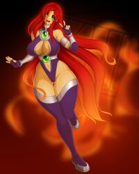 1girls alien alien_girl belt big_breasts boots bracelet breasts dc fire leotard long_hair long_hair_female orange_skin peace_sign red_hair solo solo_female solo_focus starfire superhero superheroine thick_thighs thighs waifuholic