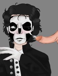 artist_signature black_hair blush cum_on_face fangs ghost_band ghost_bc one_eye_closed papa_emeritus_iii simple_background