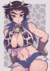 1girls big_breasts black_hair brown_eyes collar cow_bra cow_ears cow_horns cow_print cowbell cutoffs demon_slayer denim_shorts denim_vest female female_only fingerless_gloves genderswap_(mtf) gloves horns kaigaku kimetsu_no_yaiba large_breasts mitomo_kmt rule_63 short_shorts shorts solo solo_female thick_eyebrows thick_thighs tomboy very_short_hair vest