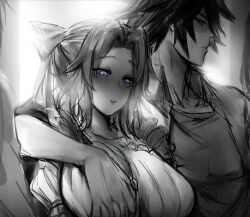 1girls black_hair blush couple demon_slayer female groping_breasts horny_female kimetsu_no_yaiba kochou_shinobu kurenaiz1 large_breasts male monochrome purple_eyes tomioka_giyuu