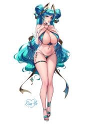 belly belly_button big_breasts bikini bikini_bottom bikini_top blue_bikini blue_eyes blue_hair blush blushing breasts cianyo collar cute female female_focus female_only hips hourglass_figure huge_breasts league_of_legends legs legs_together long_hair riot_games see-through see-through_clothing solo solo_female sona_buvelle thick_thighs thighs twintails very_long_hair wide_hips