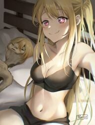 1boy 1girls bed bedroom black_bra black_shorts blonde_female blonde_hair blush breasts brother_and_sister detailed_background drained exhausted female female_focus guy_tired_after_sex_(meme) happy hoshino_aquamarine hoshino_ruby implied_incest implied_sex indoors long_hair male meme mexico_alien midriff oshi_no_ko parisa_reaz pillow red_eyes short_hair smile smiling_at_viewer smug smug_face star-shaped_pupils stomach taking_picture twincest twins