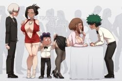 2girls big_ass bodycon cleavage clothing garter_belt garter_straps groping huge_breasts izuku_midoriya karmaniac lingerie minoru_mineta momo_yaoyorozu my_hero_academia netorare ntr ochako_uraraka public shouto_todoroki size_difference skirt_lift small_penis_humiliation smaller_male sph text upskirt