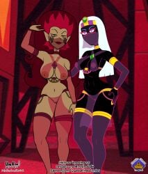 2girls armpits big_breasts cartoon_network crossover dark-skinned_female dark_skin duck_dodgers harem_outfit long_hair looking_at_viewer martian mature_female mrswindle94 multiple_girls nipples nipples_visible_through_clothing queen_tyr'ahnee red_hair unknown_artist white_hair wuya xiaolin_showdown