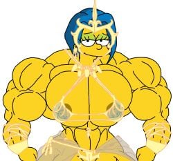 abs biceps big_breasts big_muscles blue_hair breasts charfrog female huge_breasts huge_muscles large_breasts large_muscles marge_simpson muscles muscular muscular_female nipples pecs see-through_clothing the_simpsons white_background yellow_body