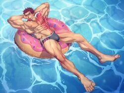 abs body_tattoo bulge charlotte_katakuri crimson_hair face_scar floatie floating_on_water hand_behind_head male_only muscular_arms muscular_calves muscular_legs muscular_male muscular_thighs one_piece pecs popsicle popsicle_in_mouth red_eyes red_hair scar serratus serratus_anterior soynutts speedo taller_male tattoo v-line water