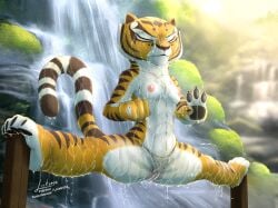 anthro breasts clothed clothing dreamworks felid feline felis female genitals hi_res kung_fu_panda link6432 mammal master_tigress nipples nude pantherine panties pussy solo stripes tiger topless underwear waterfall