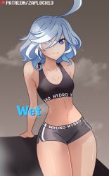 1girls alternate_version_available blue_eyes blue_hair furina_(genshin_impact) genshin_impact gym_uniform highres legs_together looking_at_viewer small_breasts smiling sports_bra steam steaming_body sweat sweatdrop thick_thighs thighs wet wide_hips zaplock13