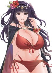 1girls alternate_costume artist_name bikini black_hair bracelet cape cleavage female female_only fire_emblem fire_emblem_awakening fire_emblem_heroes flower genm7 grey_eyes hair_flower hair_ornament highres huge_breasts light-skinned_female light_skin long_hair looking_at_viewer nintendo o-ring o-ring_bikini official_alternate_costume plain_background red_bikini red_swimsuit smile solo tharja_(fire_emblem) tharja_(summer)_(fire_emblem) watermark white_background