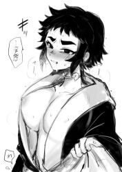 black_hair demon_slayer huge_breasts kaigaku kimetsu_no_yaiba kimono nipples rule_63 sweat thick_eyebrows tomboy